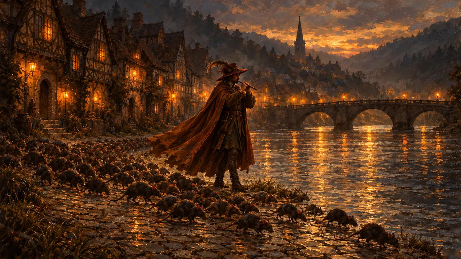 Der Rattenfänger spielt auf seiner Pfeife am Ufer der Weser, die Ratten folgen ihm, hinter ihm die Lichter von Hameln