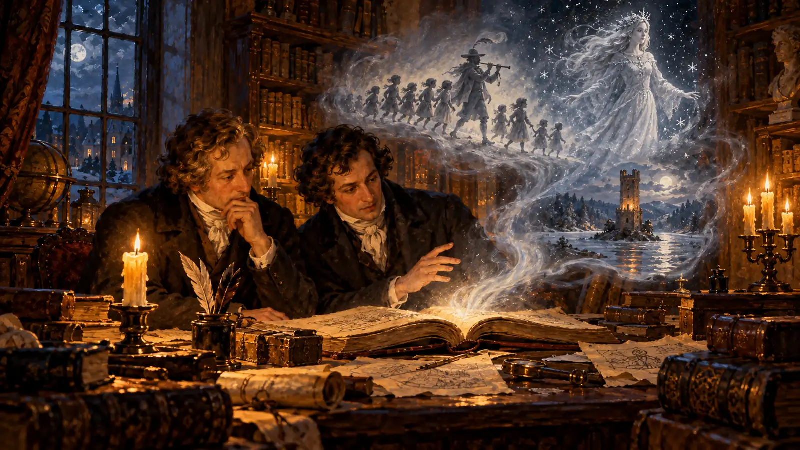 Zwei Gelehrte um 1815 lesen bei Kerzenlicht in alten Chroniken, aus dem Buch steigen Schemen auf: ein Pfeifer mit Kindern, eine Frauengestalt und ein Turm im Fluss